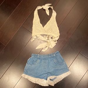 Vintage Cupid denim shorts & crocheted halter top set